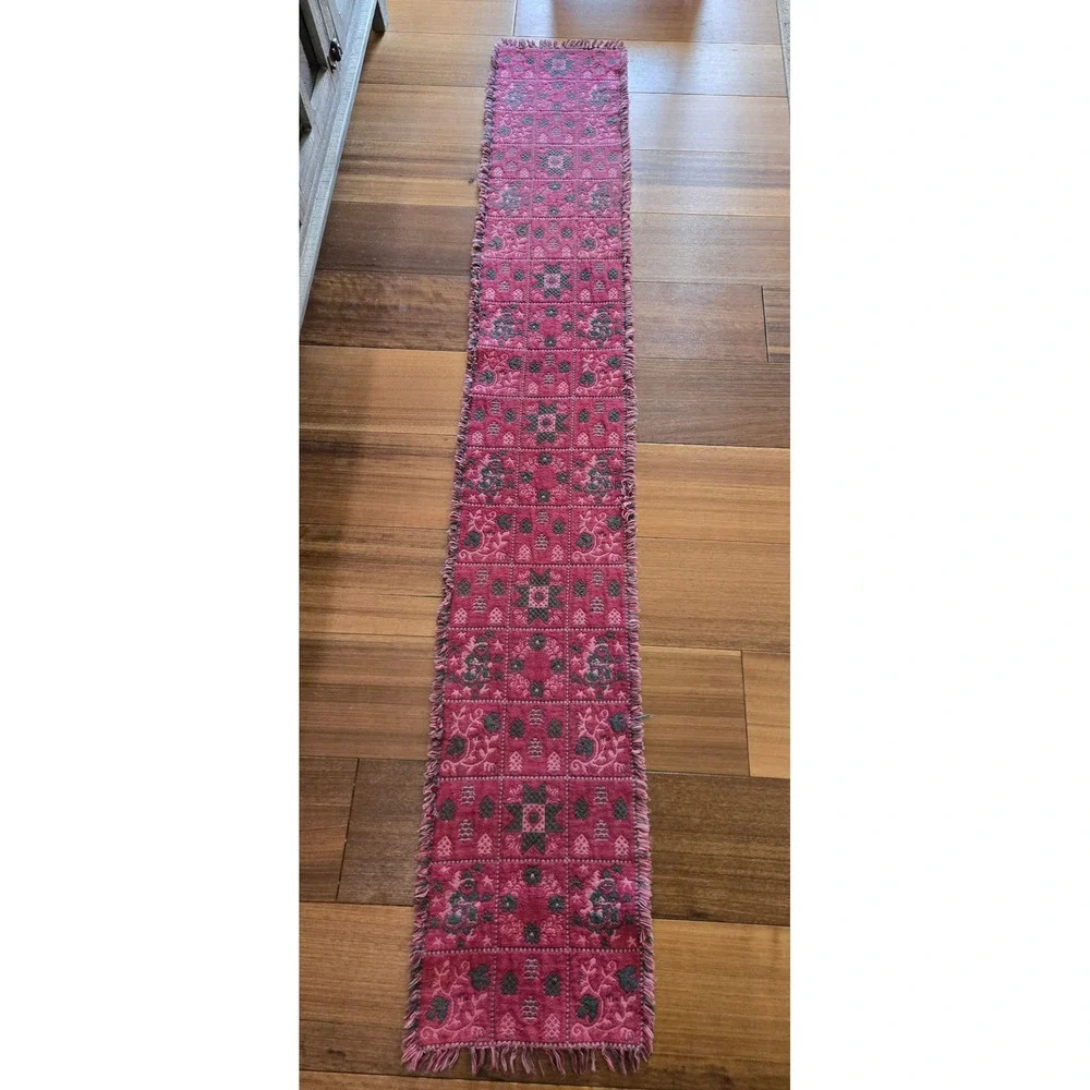 Vintage Woven Christmas Table Runner Reversible Pink Green Santa Fringe 70in